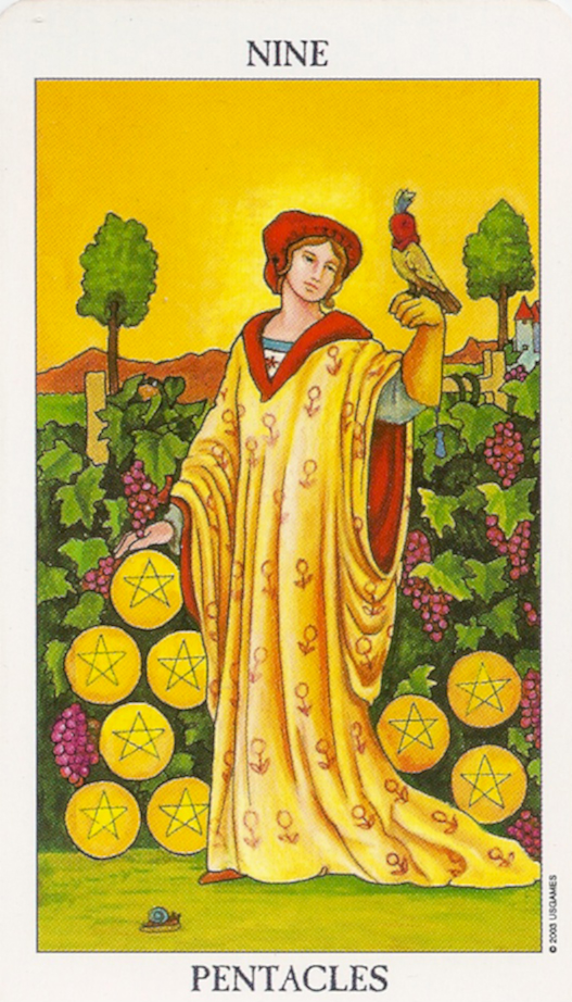 The Nine of Pentacles from the Rider-Waite-Smith Tarot, depicting a woman in medieval garb holding a hooded falcon while standing in a garden